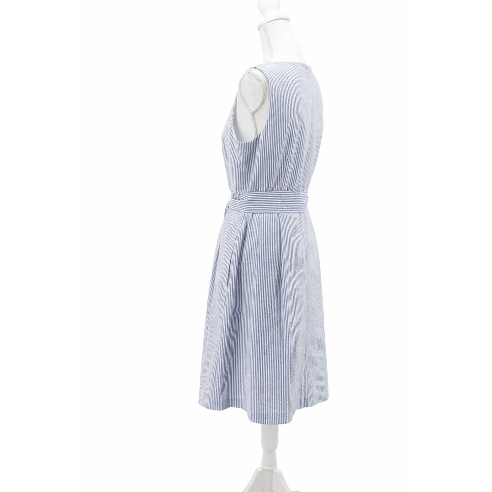 Anne Klein Seersucker A Line Dress Blue White Striped Belted Summer 10 - Picture 3 of 10